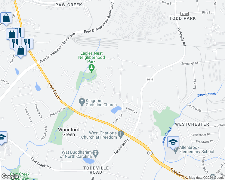 map of restaurants, bars, coffee shops, grocery stores, and more near 1128 Summit Hills Drive in Charlotte