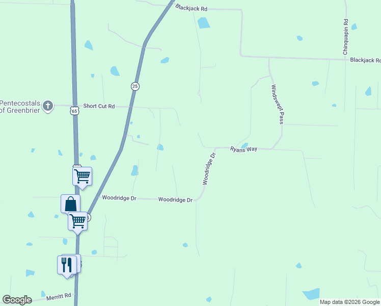 map of restaurants, bars, coffee shops, grocery stores, and more near 3 Ryans Way in Greenbrier