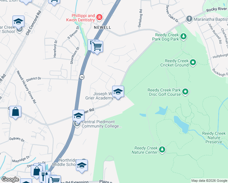 map of restaurants, bars, coffee shops, grocery stores, and more near 7120 Wheyfield Drive in Charlotte