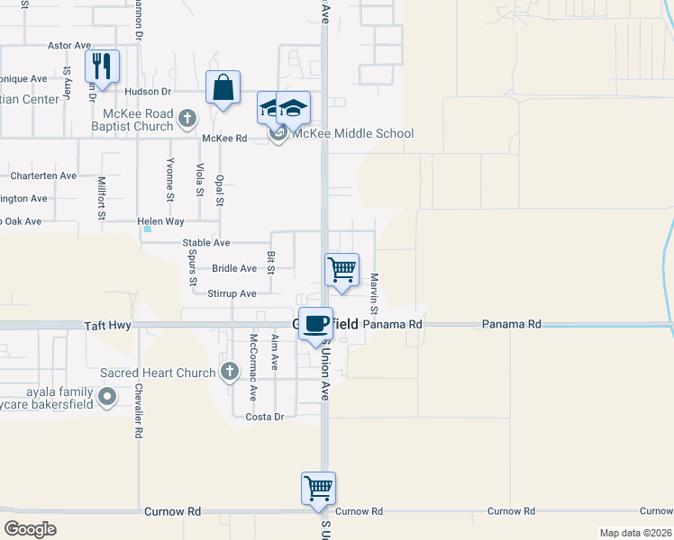 map of restaurants, bars, coffee shops, grocery stores, and more near 9350 South Union Avenue in Bakersfield