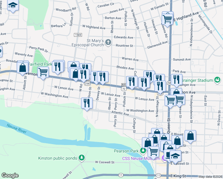 map of restaurants, bars, coffee shops, grocery stores, and more near 601 West Vernon Avenue in Kinston