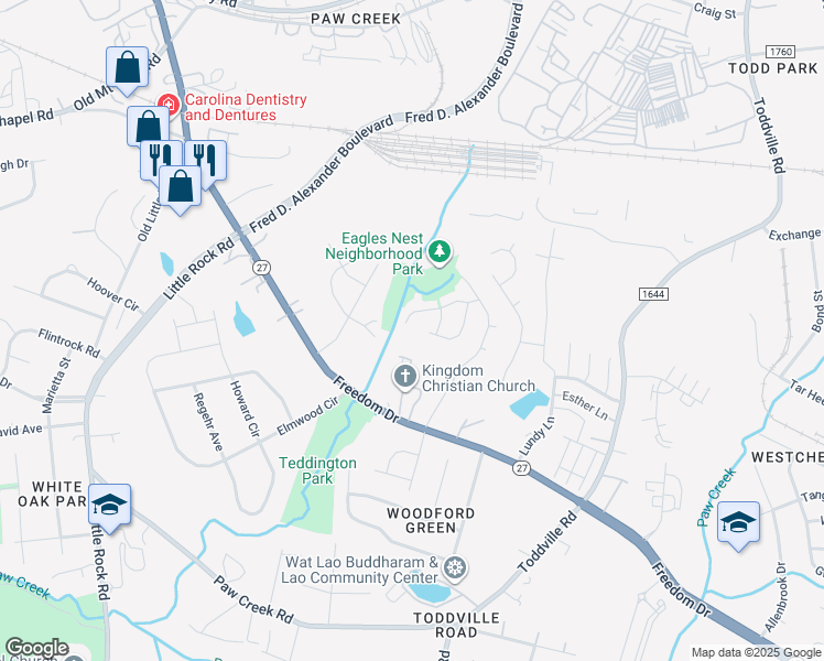map of restaurants, bars, coffee shops, grocery stores, and more near 5824 Silver Eagle Drive in Charlotte