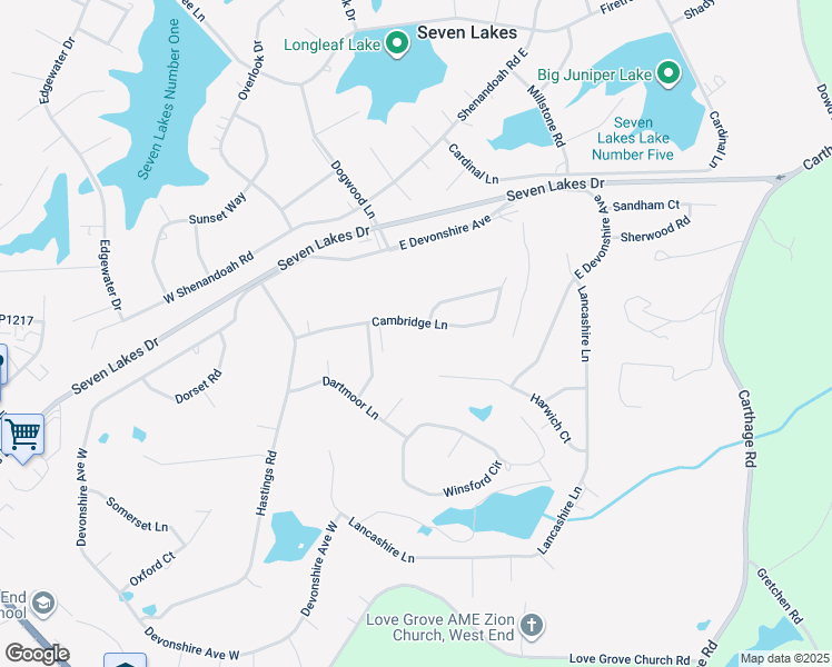 map of restaurants, bars, coffee shops, grocery stores, and more near Cambridge Lane in Seven Lakes