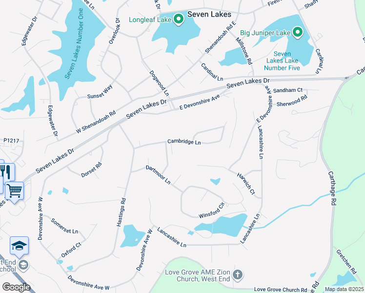 map of restaurants, bars, coffee shops, grocery stores, and more near Cambridge Lane in Seven Lakes