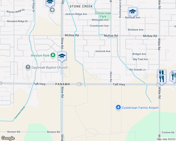 map of restaurants, bars, coffee shops, grocery stores, and more near 4417 Idlerock Avenue in Bakersfield