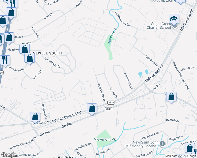 map of restaurants, bars, coffee shops, grocery stores, and more near 6201 King George Drive in Charlotte