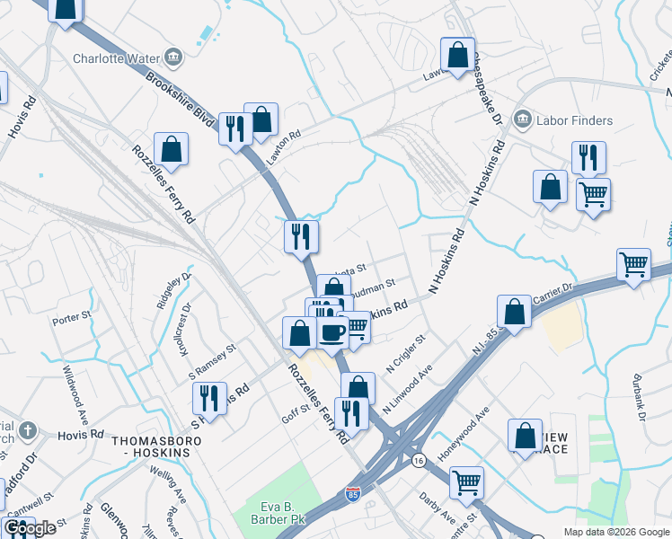 map of restaurants, bars, coffee shops, grocery stores, and more near 231 North Dakota Street in Charlotte