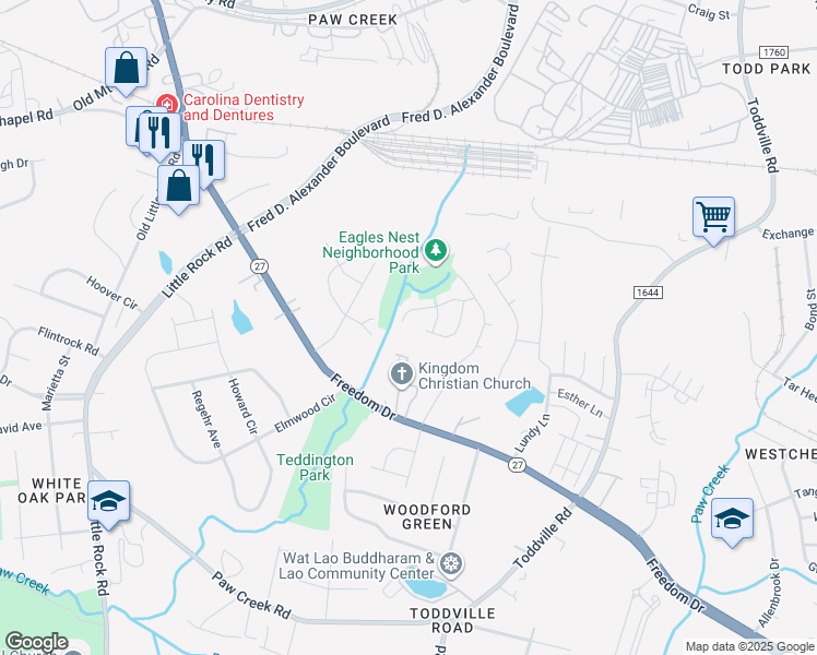 map of restaurants, bars, coffee shops, grocery stores, and more near 5824 Silver Eagle Drive in Charlotte