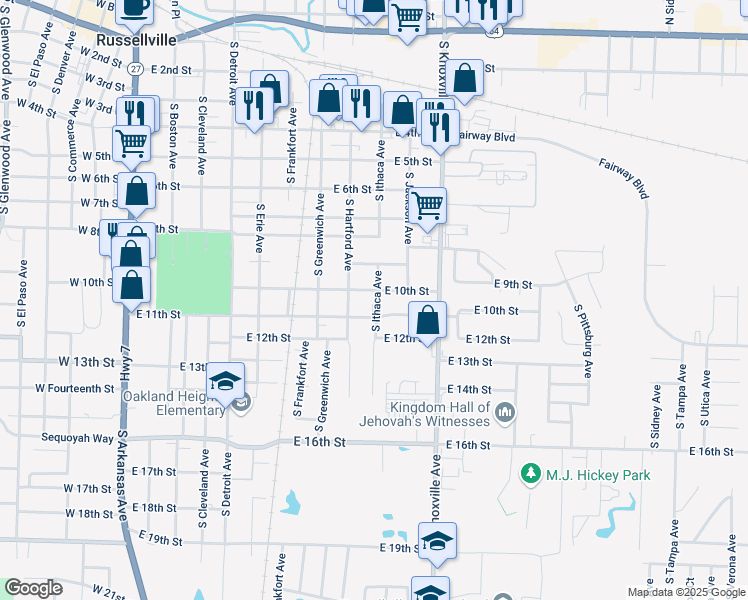 map of restaurants, bars, coffee shops, grocery stores, and more near 907 South Ithaca Avenue in Russellville