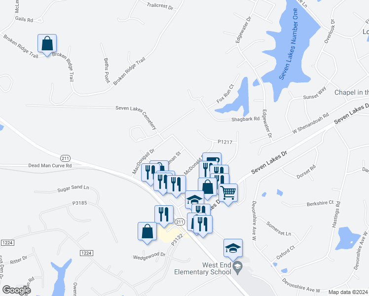 map of restaurants, bars, coffee shops, grocery stores, and more near MacDougall Drive in Seven Lakes