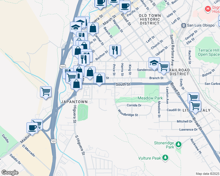 map of restaurants, bars, coffee shops, grocery stores, and more near 317 South Street in San Luis Obispo