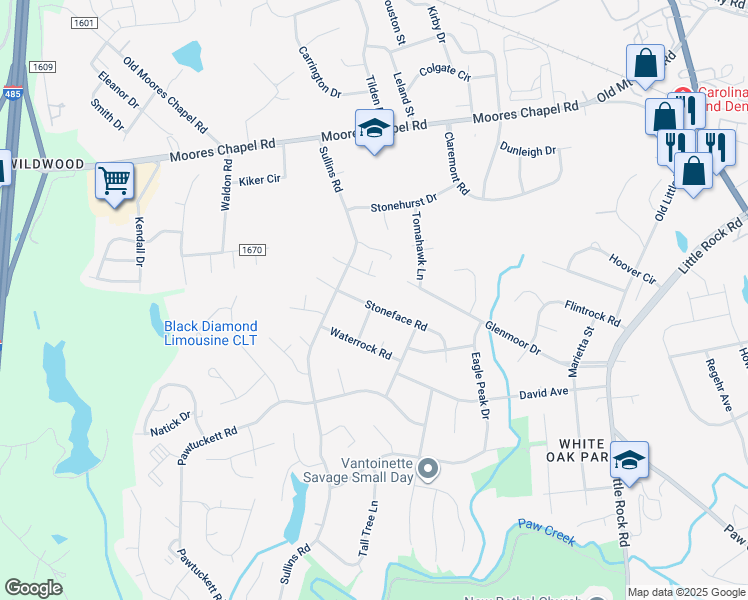map of restaurants, bars, coffee shops, grocery stores, and more near 8700 Stoneface Road in Charlotte