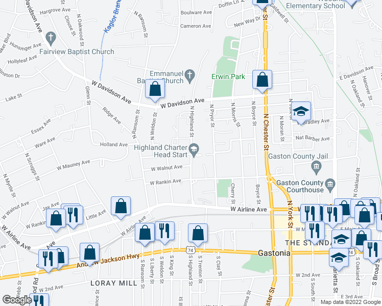 map of restaurants, bars, coffee shops, grocery stores, and more near 405 N Highland St in Gastonia