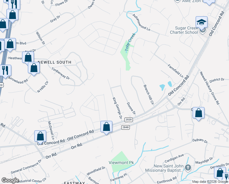 map of restaurants, bars, coffee shops, grocery stores, and more near 6201 King George Drive in Charlotte