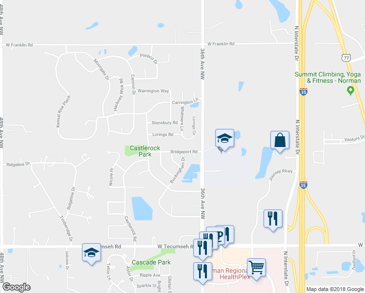 map of restaurants, bars, coffee shops, grocery stores, and more near 3621 Bridgeport Road in Norman