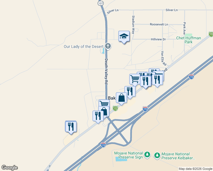map of restaurants, bars, coffee shops, grocery stores, and more near 57228 Death Valley Road in Baker