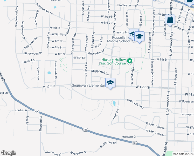 map of restaurants, bars, coffee shops, grocery stores, and more near 1118 Nightingale Lane in Russellville