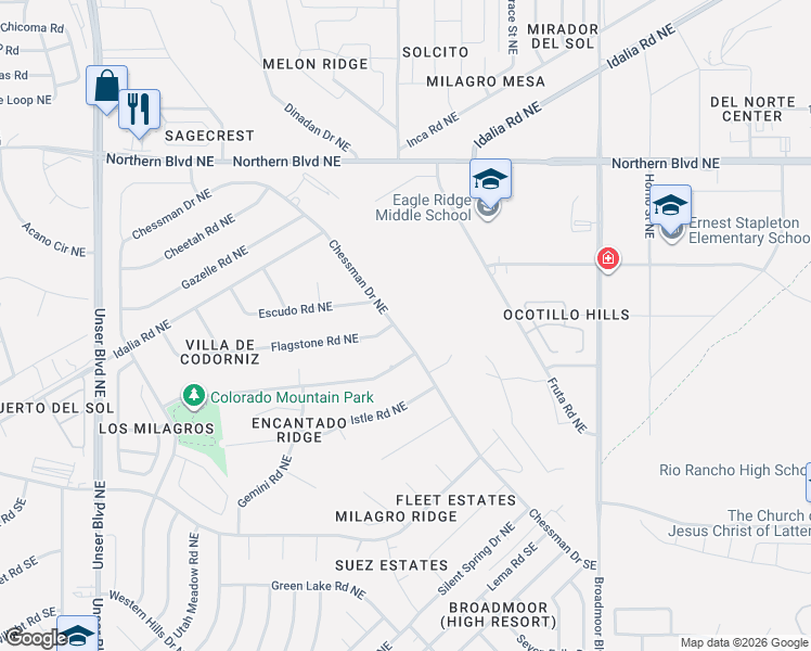 map of restaurants, bars, coffee shops, grocery stores, and more near 2557 Chessman Drive Northeast in Rio Rancho