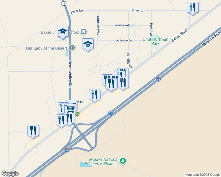 map of restaurants, bars, coffee shops, grocery stores, and more near Baker Boulevard in Baker