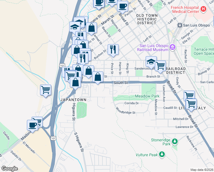 map of restaurants, bars, coffee shops, grocery stores, and more near 313 San Luis Street in San Luis Obispo
