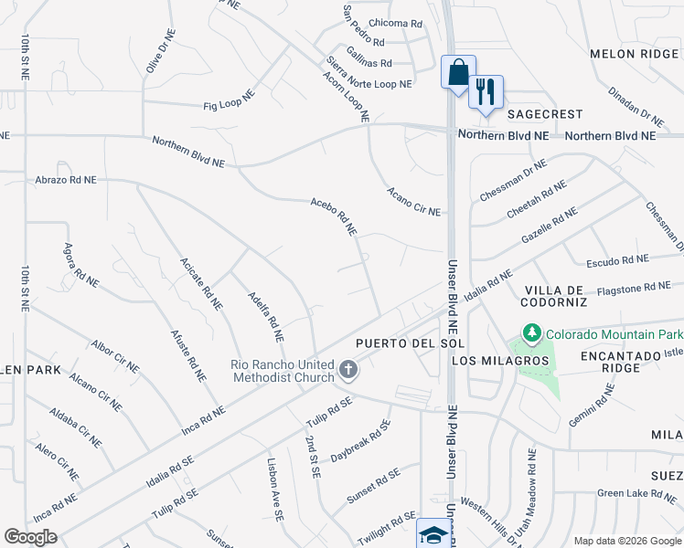 map of restaurants, bars, coffee shops, grocery stores, and more near 607 Acebo Road Northeast in Rio Rancho