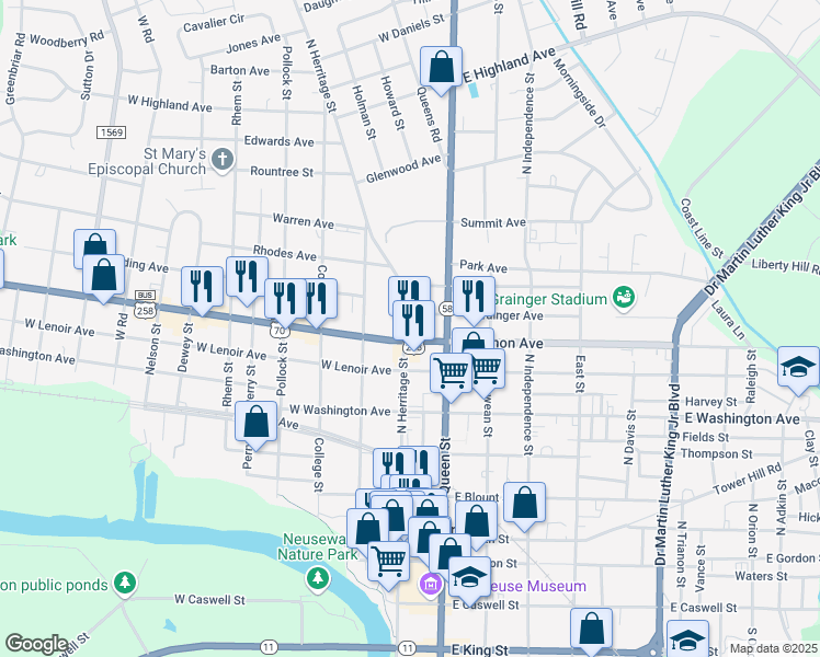 map of restaurants, bars, coffee shops, grocery stores, and more near 805 North Herritage Street in Kinston