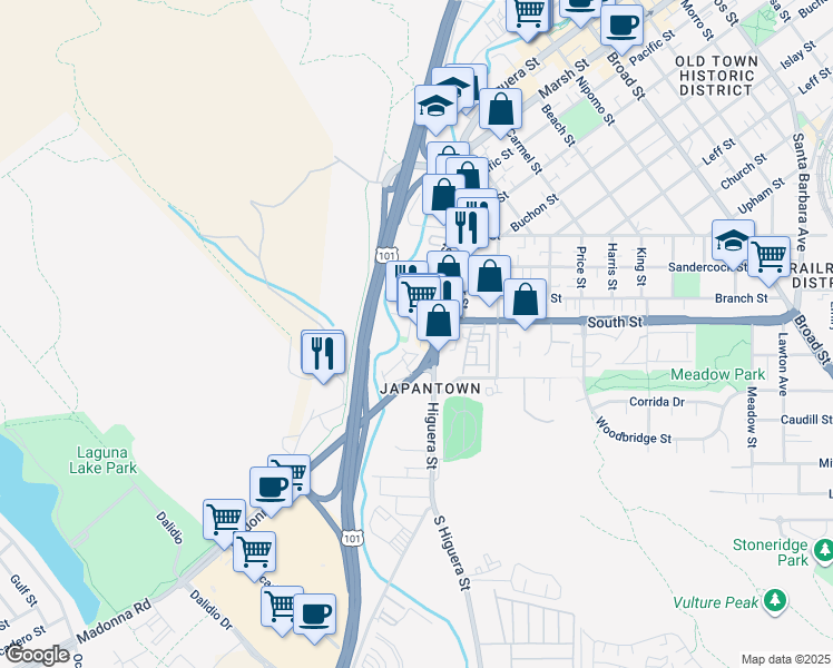 map of restaurants, bars, coffee shops, grocery stores, and more near 200 Higuera Street in San Luis Obispo
