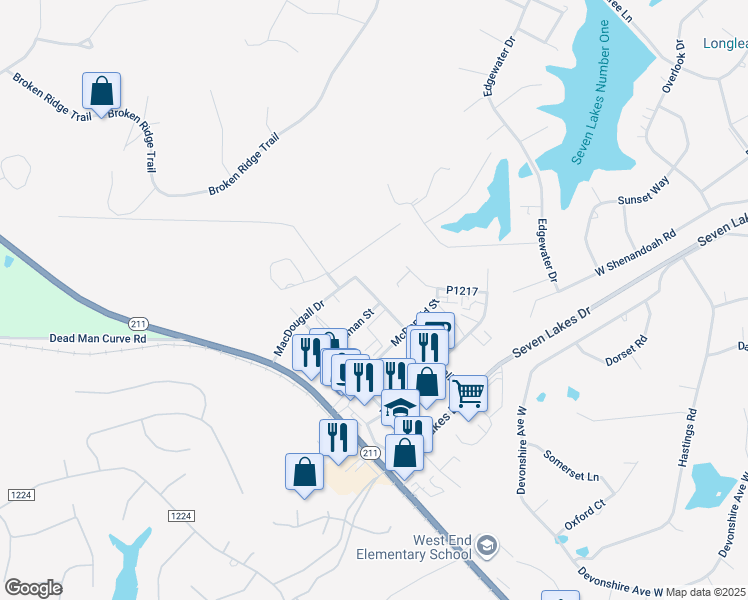 map of restaurants, bars, coffee shops, grocery stores, and more near 338-364 MacDougal Drive in Seven Lakes