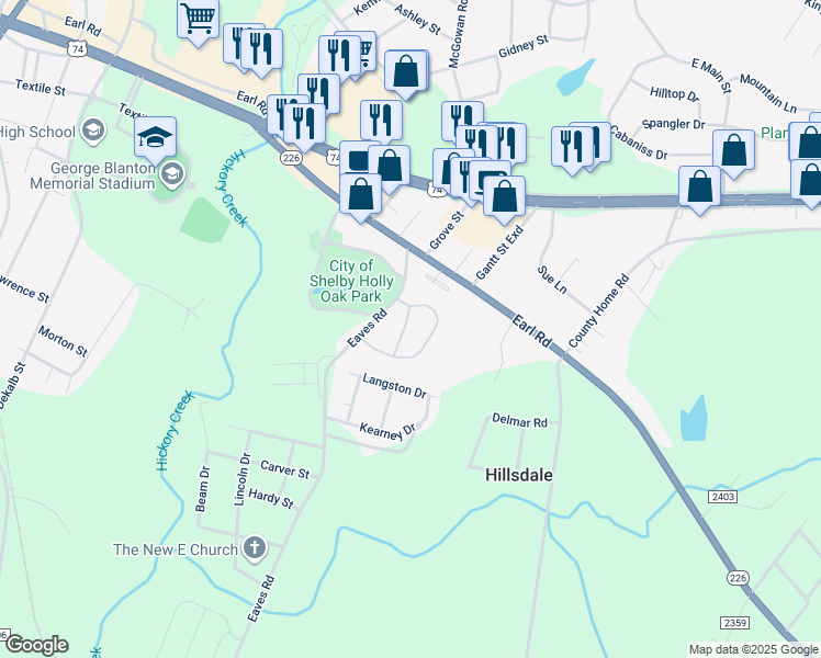 map of restaurants, bars, coffee shops, grocery stores, and more near 1501 Normandy Lane in Shelby