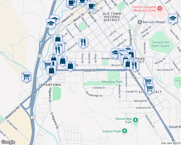 map of restaurants, bars, coffee shops, grocery stores, and more near 2220 Exposition Drive in San Luis Obispo