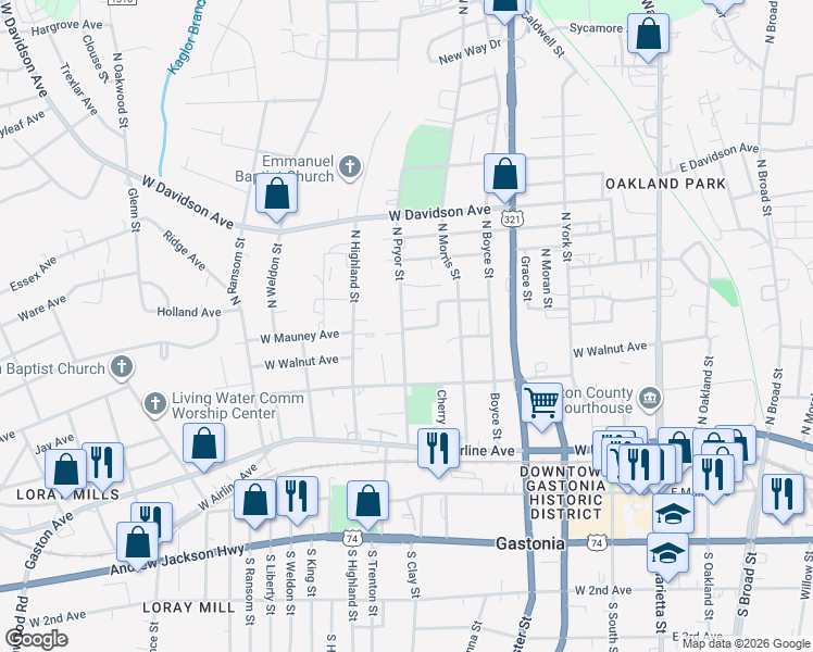 map of restaurants, bars, coffee shops, grocery stores, and more near 408 North Pryor Street in Gastonia