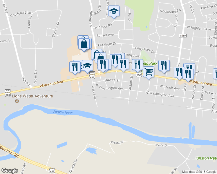 map of restaurants, bars, coffee shops, grocery stores, and more near 601 Spence Drive in Kinston