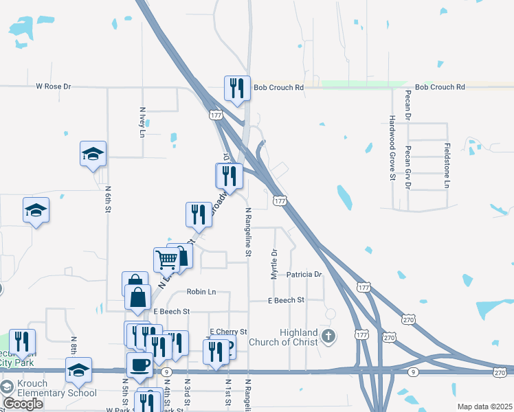 map of restaurants, bars, coffee shops, grocery stores, and more near 615 East Elizabeth Street in Tecumseh