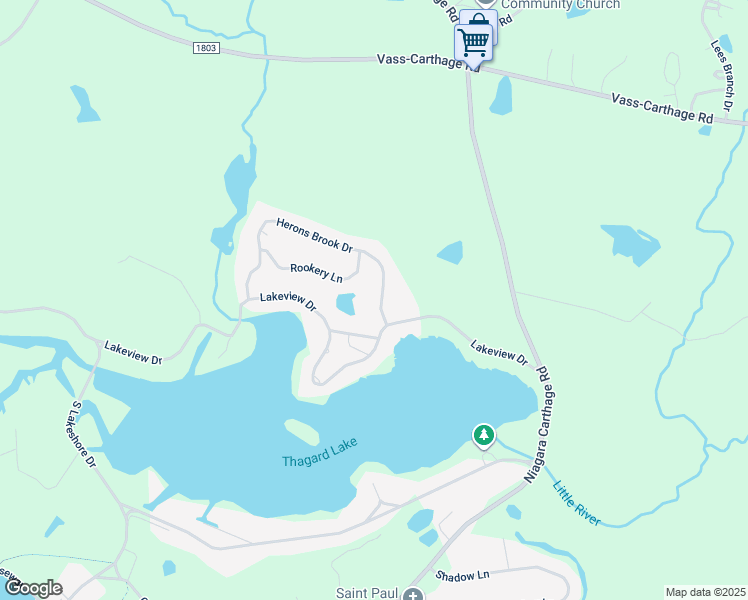 map of restaurants, bars, coffee shops, grocery stores, and more near Herons Brook Drive in Whispering Pines