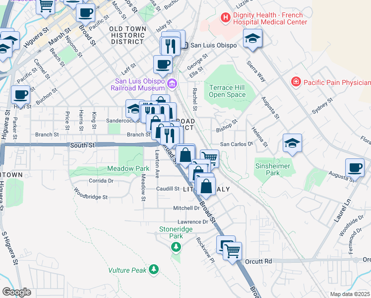 map of restaurants, bars, coffee shops, grocery stores, and more near 2220 Emily Street in San Luis Obispo