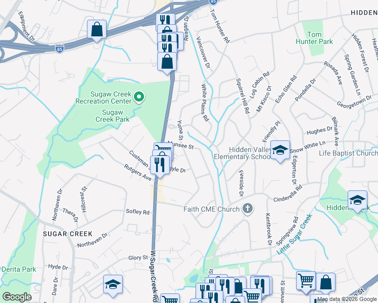 map of restaurants, bars, coffee shops, grocery stores, and more near 4425 Munsee Street in Charlotte