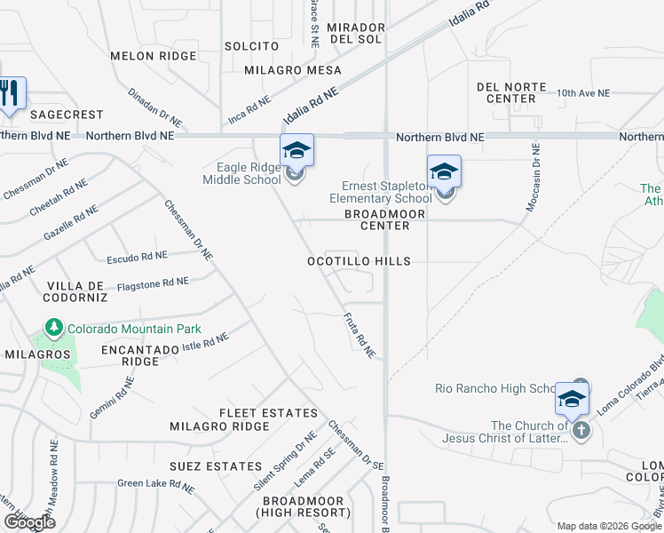 map of restaurants, bars, coffee shops, grocery stores, and more near 605 Tiwa Lane Northeast in Rio Rancho