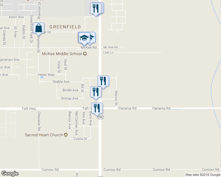map of restaurants, bars, coffee shops, grocery stores, and more near 9400 Gladys Street in Bakersfield