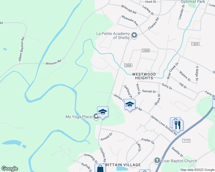 map of restaurants, bars, coffee shops, grocery stores, and more near 1550 Charles Road in Shelby