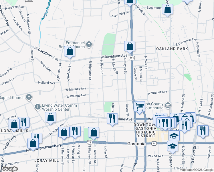 map of restaurants, bars, coffee shops, grocery stores, and more near 618 West Granite Avenue in Gastonia