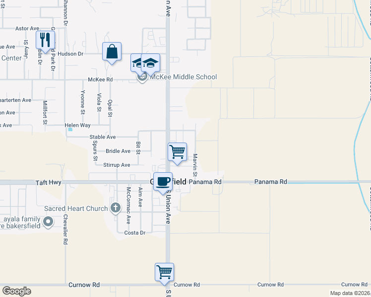 map of restaurants, bars, coffee shops, grocery stores, and more near 9400 Gladys Street in Bakersfield