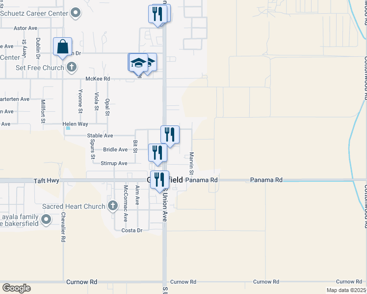 map of restaurants, bars, coffee shops, grocery stores, and more near 9400 Gladys Street in Bakersfield