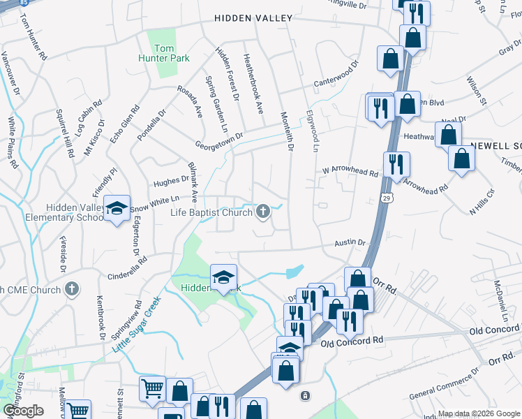 map of restaurants, bars, coffee shops, grocery stores, and more near 5904 Amberly Lane in Charlotte