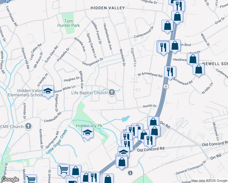 map of restaurants, bars, coffee shops, grocery stores, and more near 5904 Amberly Lane in Charlotte