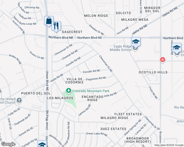 map of restaurants, bars, coffee shops, grocery stores, and more near 2316 Escudo Road Northeast in Rio Rancho