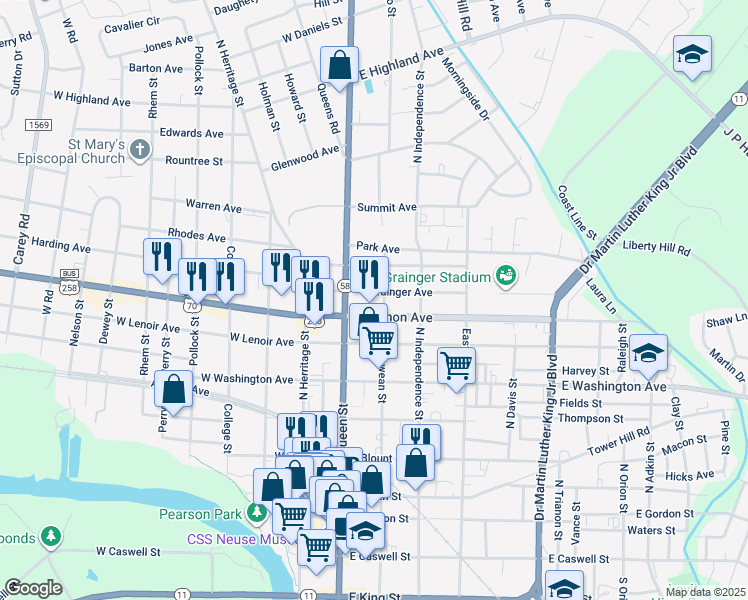 map of restaurants, bars, coffee shops, grocery stores, and more near 109 East Grainger Avenue in Kinston