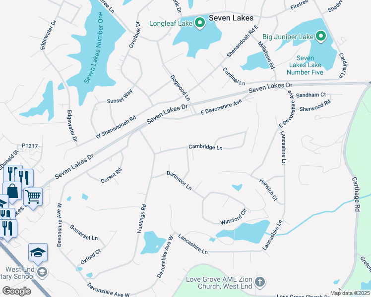 map of restaurants, bars, coffee shops, grocery stores, and more near 110 Cambridge Lane in Seven Lakes