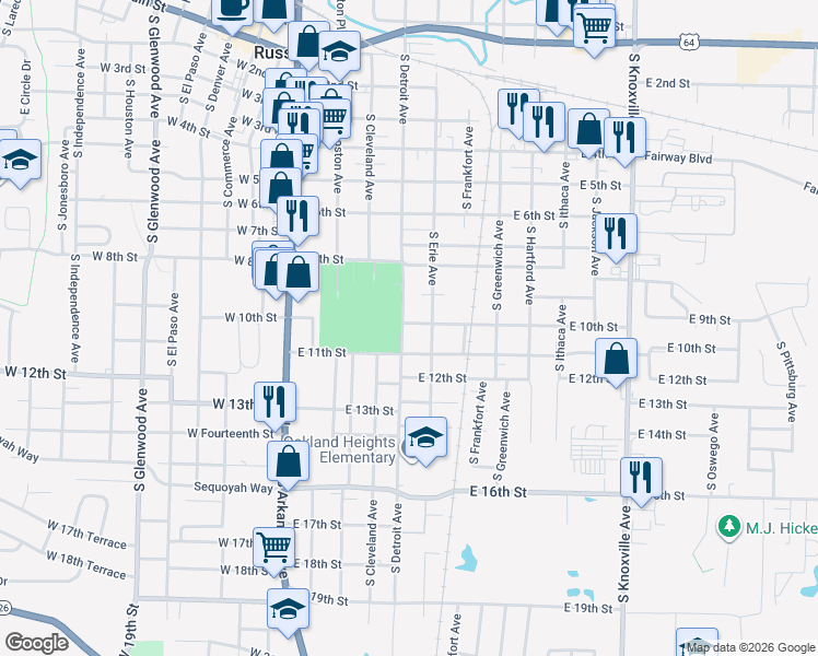 map of restaurants, bars, coffee shops, grocery stores, and more near 405 East 10th Street in Russellville