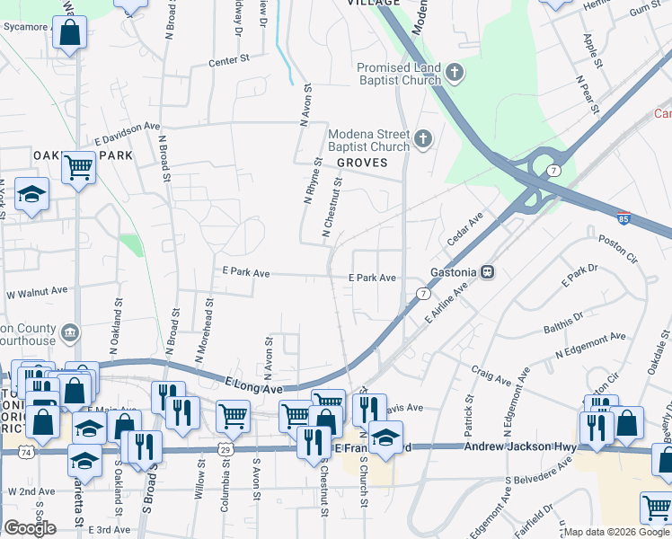 map of restaurants, bars, coffee shops, grocery stores, and more near 808 East Park Avenue in Gastonia