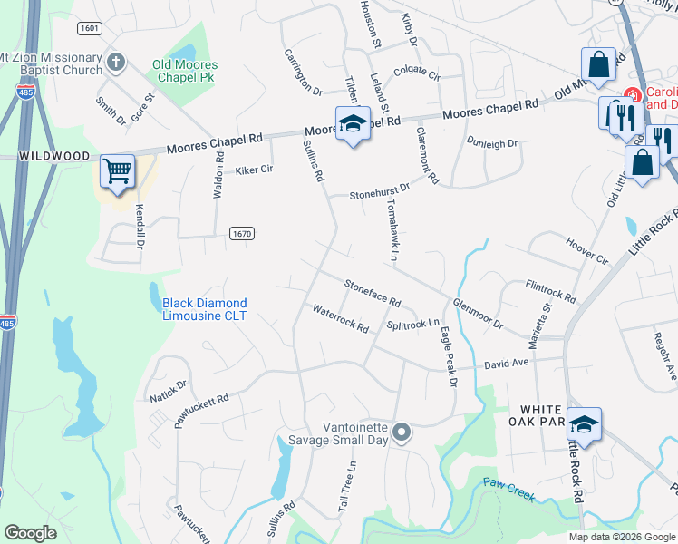 map of restaurants, bars, coffee shops, grocery stores, and more near 8750 Stoneface Road in Charlotte